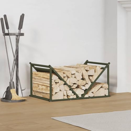 Gecheer Firewood Log Rack Metal Log Store Holder for Outdoor Indoor Metal Fireplace Wood Storage Shelf Olive Green 70x43x34.5 cm Cold-rolled steel