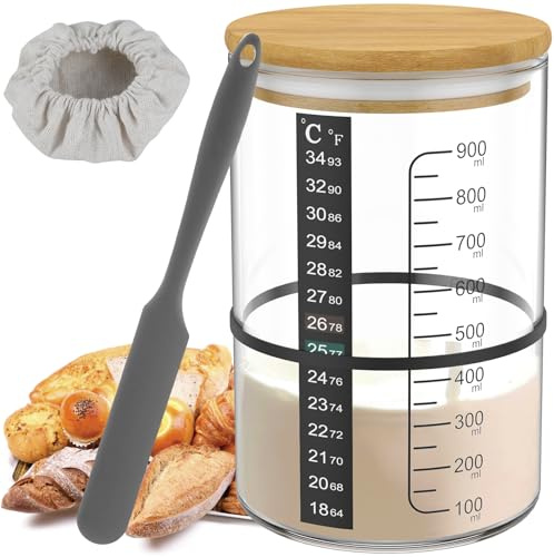 7 Stück Sauerteig Starter Set 900ml Sauerteig Glas mit Deckel Silikonspatel Thermometerpapier Gummiband Stoffhut Stift Etikett Sourdough Starter Kit für Brot Backen (A)