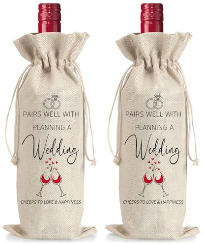 2PCS Engagement Wine Gift Bag, Wedding Linen Drawstring Bottle Bag for Wine, Wedding Planning Gift Bags Wine Bottle Cover Bags, Pairs well with Engagements, Engagement Gift for Couples, Bride Gift