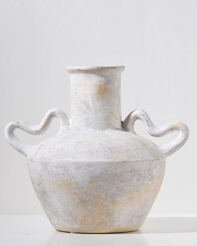 UPWOIGH 9.3 in (23.6 CM) Ceramic Farmhouse Vase with 2 Handles, Beige and Yellow Vintage Rustic Pottery Jar with Black Distressed Finish, Boho Accent Decor for Home, Table, Shelf, Living Room
