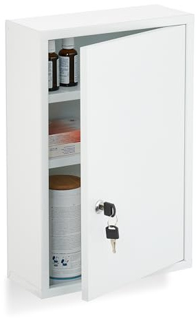 Relaxdays Medizinschrank, abschließbarer Apothekerschrank, HBT: 45 x 30 x 12 cm, 3 Fächer, zum Aufhängen, Stahl, weiß