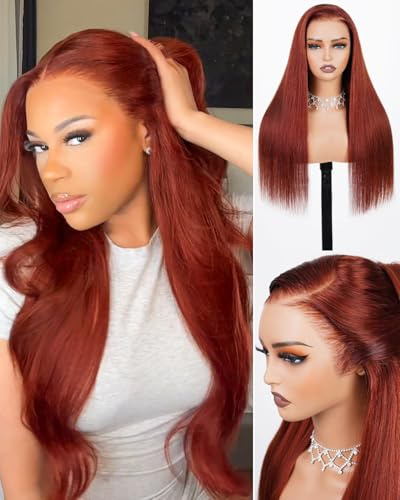 Arabella Reddshin - Peluca de cabello humano sin pegamento, prearrancada, HD de 13 x 6 pulgadas, encaje de oreja a oreja, peluca de cabello humano lacio y sedoso, densidad del 230 %, nudos blanqueados