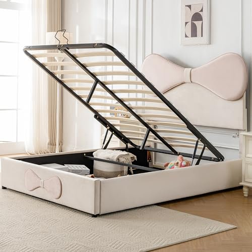 Lit Double Coffre avec sommier à Lattes en métal, tête de lit réglable rembourrée Forme Aile, revêtement en Velours, Cadre Moderne avec Rangement, Beige et Rose, 140x200 cm