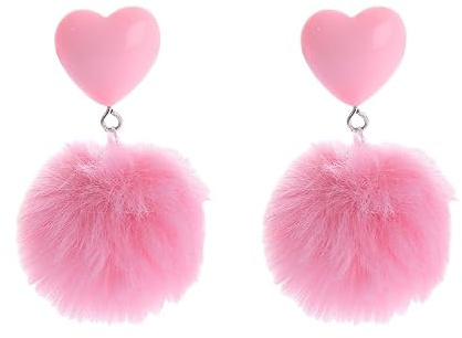 Rosa Ohrringe mit Pom Pom Ball, Baumelnd, Trendig, Süß, Bonbonfarben, Weiche Plüschohrringe, Vintage Statement, Partyschmuck, Party für Frauen und Mädchen