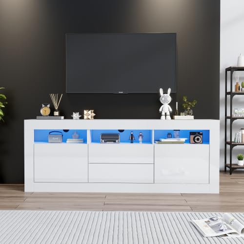 Temdlerpp Meuble TV Blanc Haut Brillant avec Eclairage LED, 2 Portes 2 Tiroirs, Compartiments, Armoire TV, 160x35x60 cm,Blanc