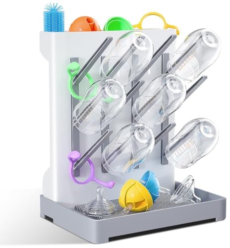 WillMall Baby Bottle Drying Rack: Vertical Space Saving Large Bottles Holder - Standing Boon Dryer Rack Baby Accessory - Countertop Holds Up to 12 Bottles & Pump Part Cleaning & Cup (Gray)