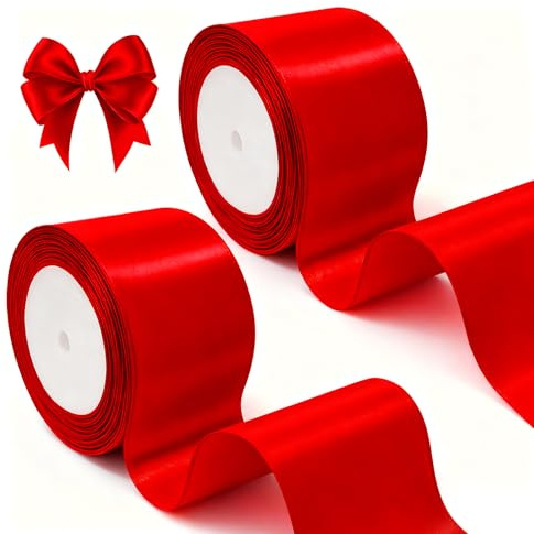 KELAV Satinband Rot 50mm 2 Rolle, 44 Meters Rot Satin Dekoband, Rotes Stoffband Deko Band, Geschenkband Breit Schleifenband, Schleifenband für Hochzeit Weihnachten Geburtstag