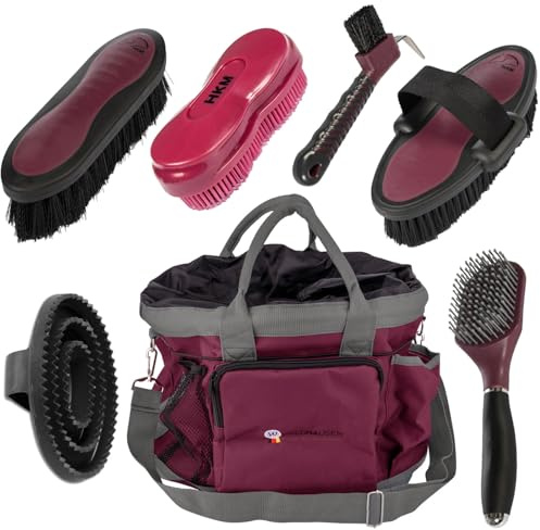 Pflegeset Pferd Bordeaux Edition | 7-teilig mit Putztasche – Bürsten, Striegel & Hufkratzer für Pferdepflege | Komplettset für Fell, Mähne & Hufe | Bordeaux