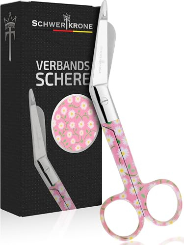 SCHWERTKRONE® Verbandsschere Edelstahl – scharfe, gebogene Lister Schere mit Sicherheits-Spitze | Pflege- & Krankenschwester Schere mit farbigem Design | robust, präzise & ideal für Verbände