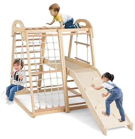 GOPLUS 8 en 1 Escalade Enfants Montessori, Triangle Escalade avec Balançoire, Barres de Singe,Corde,Plateforme, Échelle d'escalade et Filet, Structure Jeux Intérieur pour 3-5 Ans (Naturel,Pont)