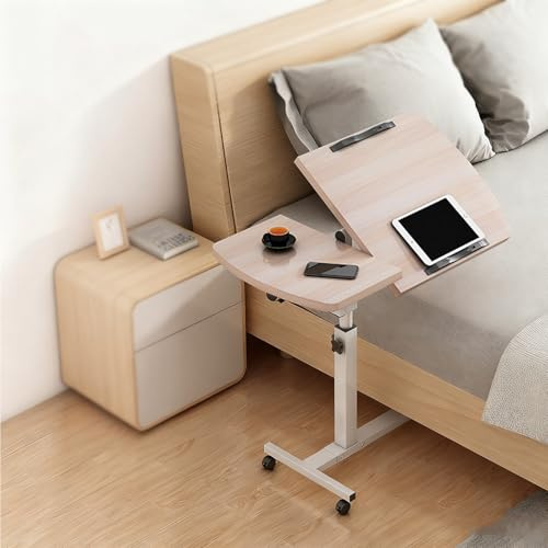 Laptoptisch Höhenverstellbar mit Rollen & Aufbewahrungskorb, tragbarer Beistelltisch für Bett mit Kippbarer Tischplatte & Kantenschutz, mobiler Stehpult für Büro Bett Sofa (Holzmaserung, 60 x 40cm)