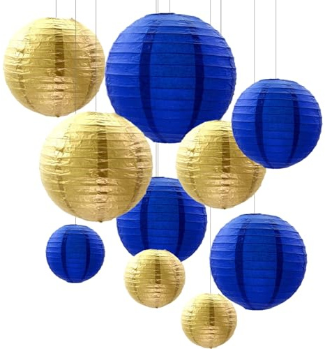 ZYOOO 10 Stück Blau Gold Papierlaterne Lampion rund Lampenschirm(Set 3 Farben à 25cm,20cm,15cm,10cm) Lampions Hochzeit,Ramadan,Geburtstagsparty,Gartenparty Deko