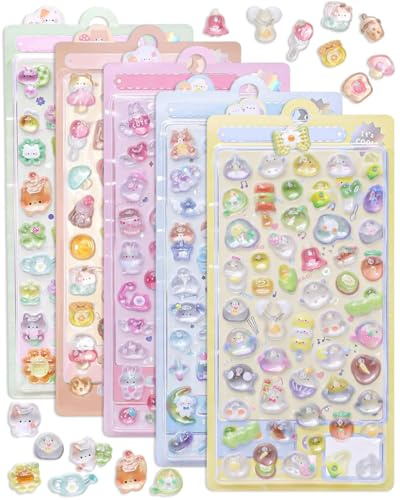 GRETY 3D Sticker Set Mit Süße Cartoon-Katzen, 5 Blatt Süße Mini-Aufkleber Kinder, Kawaii Tiere Aufkleber, Wasserdicht Tiere Sticker DIY Set, für Handyhüllen/Notizbuch