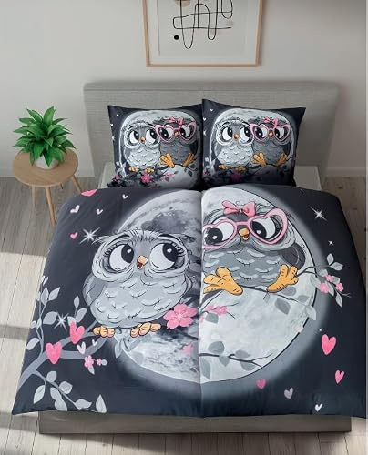 Leonado Vicenti Bettwäsche Set 4-teilig, Eulen Motiv mit Mond Partnerbettwäsche, Schwarz Grau Rosa, Mikrofaser, 135x200 cm & 80x80 cm, mit Reißverschluss