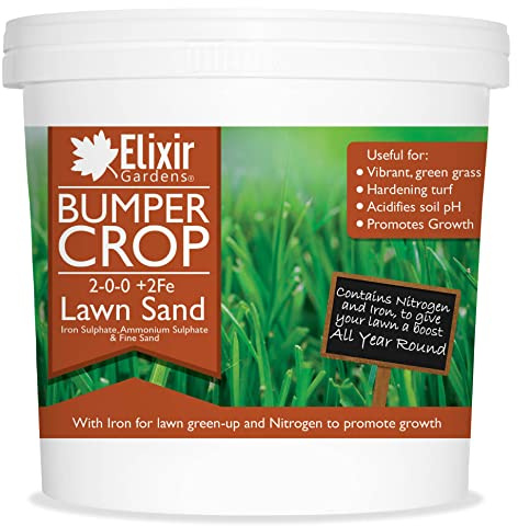 Elixir Gardens Bumper Crop Lawn Sand 2-0-0+2Fe | Various amounts (from 1kg to 25kg) supplied in either a Bag or Re-sealable Tub | 5kg, Re-Sealable Tub | Treats 74sqm