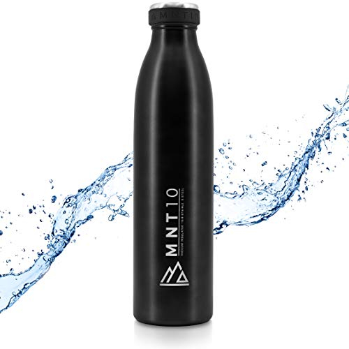 MNT10 Trinkflasche Edelstahl - 500ml, 750ml, 1000ml - Isolierte Thermoflasche, Flasche kohlensäure geeignet, Isolierflasche auslaufsicher für Sport, Wandern, Schule, Uni (Schwarz, 750 ml)