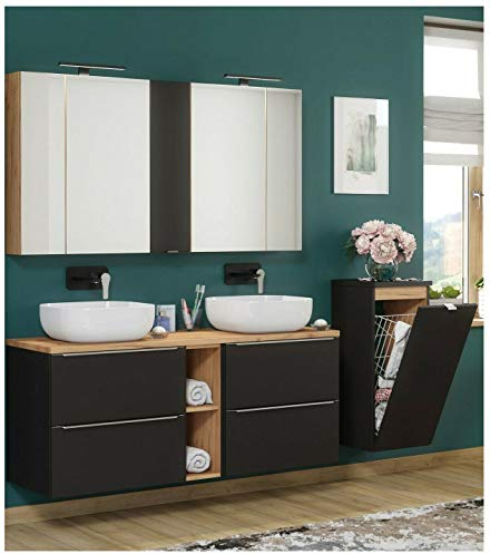 NAKA Badmöbel Set Capri-B SCHWARZ MATT 140 cm mit 2 Waschbecken LED Soft - Close (Waschtisch Spiegelschrank Unterschrank)