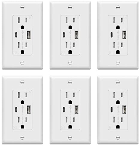 TOPGREENER USB Outlet, Type C & Type A USB Wall Outlet, 15 Amp Tamper Resistant Receptacle Plug, Charging Power Outlet with USB Ports, Wall Plate Included, UL Listed, TU21536AC-W-6PCS, White, 6 Pack