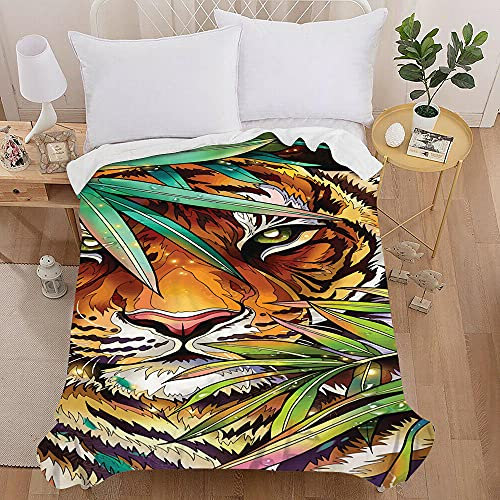 Treer Kuscheldecke Flanell Decke Überwurf - 3D Tiger Druck Wohndecke Weiche Mikrofaser Fleecedecke als Sofadecke, Couchdecke, Sofaüberwurf, Bettüberwurf, Tagesdecke (130X100cm,Blatttiger)