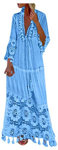 Ni_ka Robe Boheme Chic Jupe Longue FrangéE en Dentelle à Encolure en V Dress Femme Sexy Rose Taille S à 4XL, Ni_kadress44581, Bleu Clair