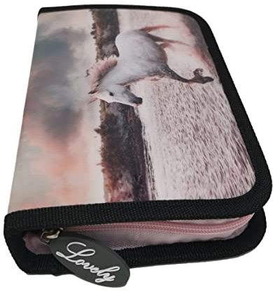 Theonoi Pferd Federmäppchen Federtasche Federmappe Mäppchen Etui 2 Fach Doppeldecker Schüleretui Stifteetui GEFÜLLT Geschenk für Mädchen (Pferd)