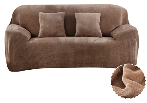 Treer Sofa Überzug Samt 1 2 3 4 Sitzer, Feste Farbe Sofaüberzug Stretch Sofabezug Elastisch Universal Schonbezug Sofa Antirutsch Sofa Hussen Spandex Sofaschoner Sofahusse (Braun,4 Sitzer)