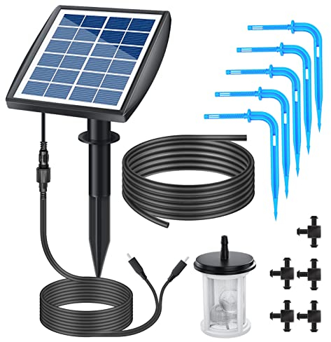 Irishom Kit de Riego por Goteo Automático Energía Solar,Riego Solar Sistema Automático con 6 Modos de Temporizador y 10 m Tubería de agua para Plantas en Patio Balcón Casa Verde Macetas