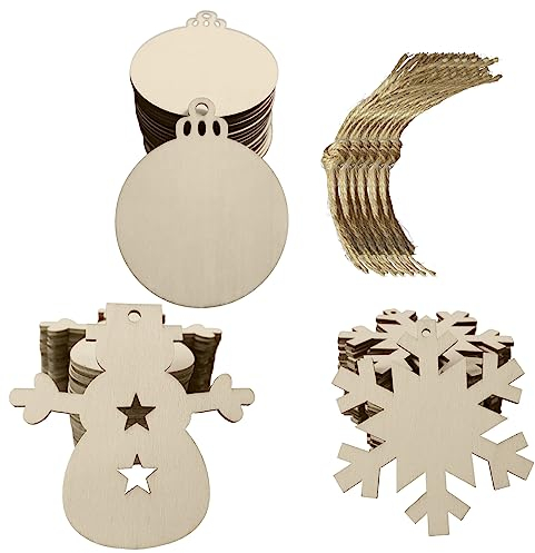 Molyorch 60 Stück Runde Holz Holzanhänger Bemalen, Ornamenten Weihnachtsbaum, Holzanhänger Christbaumschmuck Set, für Weihnachtsbaumschmuck, Party Dekoration Anhänger, DIY Hackschnitzel