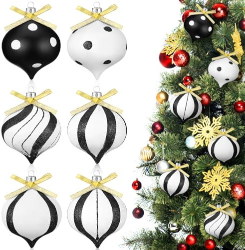36 Stück Weihnachtskugel-Ornamente, schwarz und weiß, Zuckerstange, gestreift, gepunktet, hängende Weihnachtsbaumschmuck mit kleiner goldener Glitzerschleife für Weihnachtsmann, Urlaub,