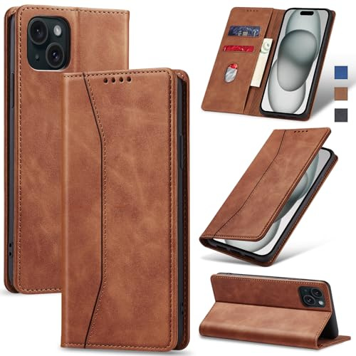 Jasonyu Handyhülle für iPhone 15 Plus, PU Leder Flip Klapphülle, Braun | Magnetische Schutzhülle, Ständer, Kartenfächern, Klappbar, Stoßfeste TPU Stoßsicher Hülle