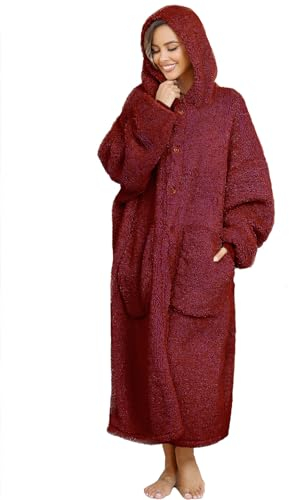 ililmmoe Coperta con cappuccio in peluche per uomo e donna, super calda e confortevole, grande coperta da indossare per la casa, cappotti di peluche spessi e larghi, Rosso bordeaux/bianco, Taglia