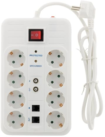 Zenitech, 8-fach Schuko-Steckdosenleiste mit FILTER+TV+ADSL+FAX, Weiß, Überspannungsschutz, beleuchteter Schalter, 1,5 m H05VV-F 3G1,5 mm² Kabel, 3500 W Leistung, Ideal für Büros und vernetzte Räume