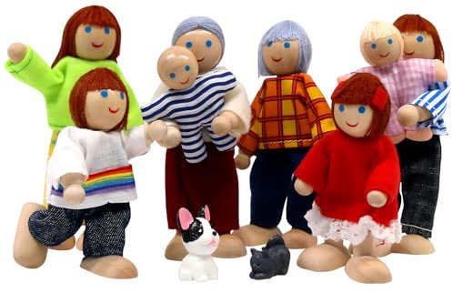 SumDirect Sets of 8 People Wooden Family Doll Toys, Lovely Happy Family Dolls Playset Doll House Accessories for Doll House Kids Children Toy (Style 5)