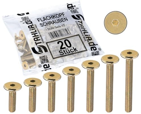 Stahlia Flachkopfschrauben M6 x 40mm Stahl Rundkopfschrauben Innensechskant (20 Stück) Gelb verzinkt Möbelverbinder Möbelschrauben Verbindungsschrauben