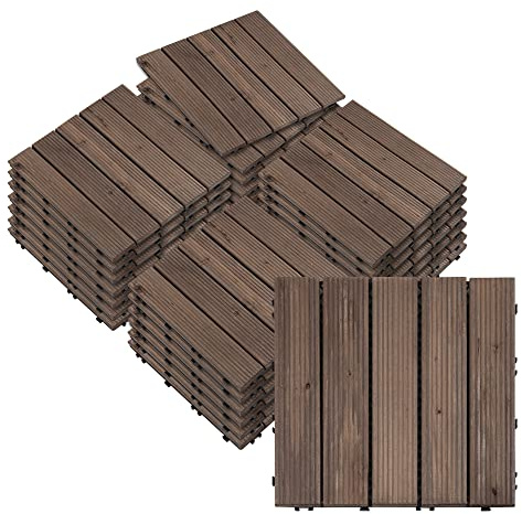 Outsunny 27 Stück Massivholz ineinandergreifende Terrassenfliesen für Terrasse, Balkon, Dachterrasse, Whirlpool, schwarz, (30 x 30 cm pro Stück)