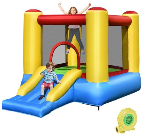 Maxmass Inflatable Bouncy House, Kids Inflatable Castle with Slide & Basketball Hoop, Jumping Bouncer Playhouse for Indoor Outdoor (with 480W Blower)