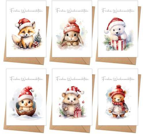 12 Weihnachtskarten mit Umschlag Set - Hochwertiges Klappkarten Weihnachten Set mit Sprüche - A6 Merry Christmas Cards Aquarell Waldtiere - Blanko Seiten zum Schreiben und Drucken