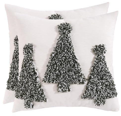 2er Set Weihnachten Kissenbezug Grün Tanne Tufteter Weihnachtsbaum 50x50cm Kissenbezüge Feines Leinen Kissenhülle Dekokissen für Sofa Wohnzimmer Schlafzimmer Couch Heimdekoration