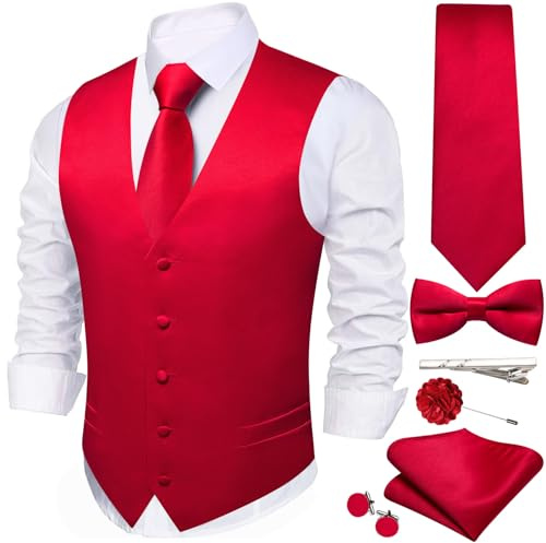 WSHOWY Herren-Weste, Krawatte, Fliege, Satin, V-Ausschnitt, einfarbig, Anzugweste, Manschettenknöpfe, Einstecktuch, formelle Hochzeit, Business, Smoking