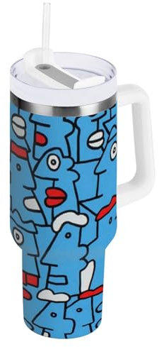 Amooorous Blue Cartoon Gobelet personnalisé en acier inoxydable de 1200 ml avec couvercle à paille - Bouteille d'eau réutilisable avec poignée pour école, sport, garderie, camping et plus encore