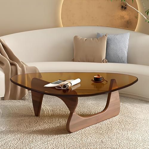 Table basse triangulaire moderne en verre avec base en bois massif Marron noyer 91,4 x 65 x 40,6 cm