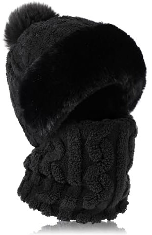 TAGVO Strickmütze Damen Thermo Winter, Flexible Strickmütze mit Haarball, 3 in 1 Warm Strickmütze & Halswärmer Sets, Sturmhaube Gesichtsmaske mit Weichem Fleece Innenfutter für Frauen