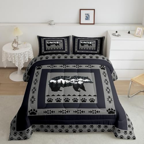Feelyou Rustikales Bären-Bettwäsche-Set für Doppelbett, Mondbär-Bettwäsche-Set mit 1 Kissenbezug, Wildtier-Jagdthema, Bettwäsche-Set, 2-teilig, für Kinder, Jungen, Teenager, Raumdekoration, rustikale