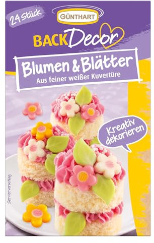 Günthart BackDecor 24 Blumen und Blätter aus weißer Schokolade in verschiedenen Farben, 1er Set (9 gr)