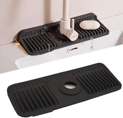 Volminex 6° Slope Kitchen Sink Splash Guard Mat, Silicone Faucet Mat Foldable, Faucet Handle Drip Catcher Tray, Draining Pad Around Tap for Kitchen Bathroom (Black, 37 cm)