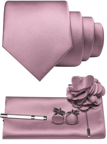 JEMYGINS Cravatta da uomo in twill con design in tinta unita con gemelli Pocket Square, fermacravatta e spilla floreale, set regalo per feste, business, matrimoni, Oro rosa scuro, M
