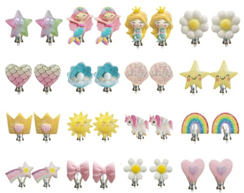 16 Paar Clip Ohrringe Mädchen Ohrclips Mädchen Einhorn-Blumenprinzessin Clip Ohrringe Kinder Ohrklipser Kinder Ohrclips Mädchen Ohne Ohrlöcher Geeignet für Mädchen und Kinder