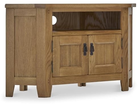 RoselandFurniture Broadway Oak Corner TV Unit Cabinet for Living Room | Fully Assembled, Large 125cm Wooden Entertainment Storage, Waxed Finish, Traditional Rustic Style, H70cm D55cm