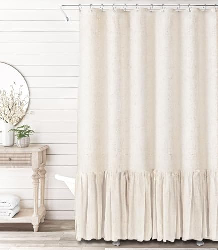 Awellife Cortina de ducha estilo rústico con textura de lino y volantes para baño, color beige, 72 pulgadas de ancho x 72 pulgadas de largo
