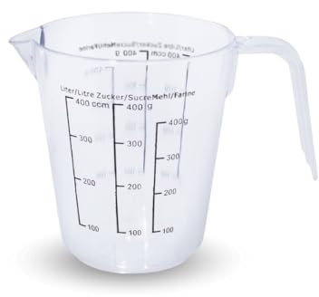 PARENCE.- Bandeja medidora de plástico 400 ml con asa - Graduaciones litros, azúcar, harina - Aplicación fácil y precisa - No meter en el lavavajillas